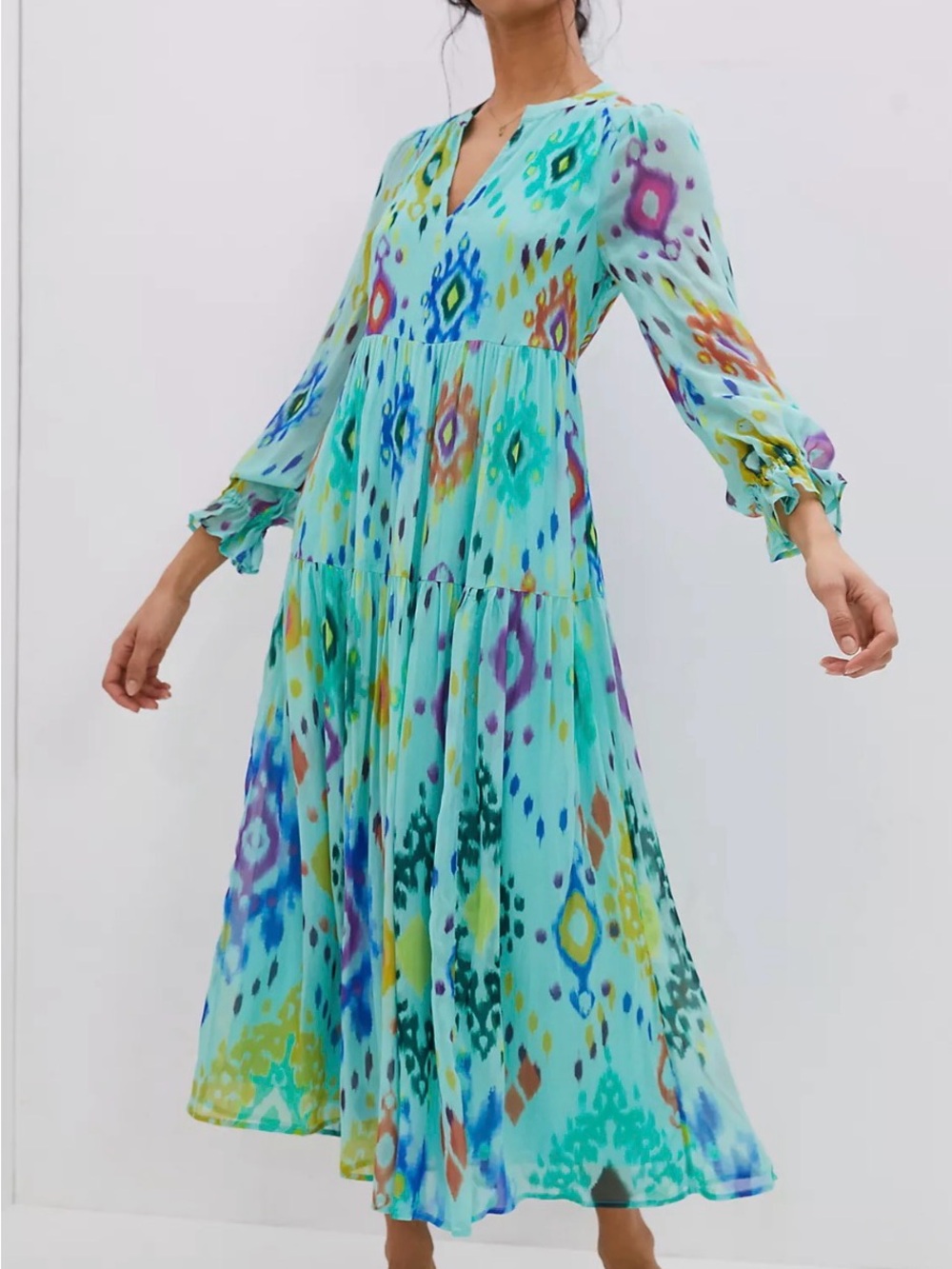 Anthropologie Aqua Ikat-Print Maxi Dress